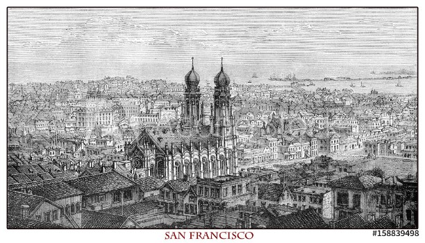 Bild på California panoramic view of San Francisco engraving from year 1873 before the 1906 earthquake which destroyed over 80 of the city